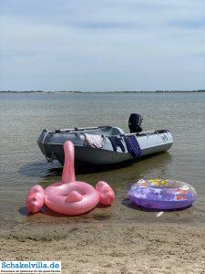 andere Strände erkunden 3 Strand bei Kornwerderzand - normalerweise voller Kitesurfer - Ausflug mit dem Boot Whaly von unserem familienfreundlichen Ferienhaus schakelvilla über das IJsselmeer zum Abschlussdeich