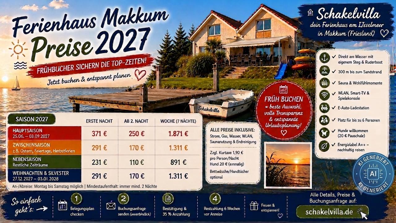 Ferienhaus Makkum Preise 2027 – Frühbucher sichern die Top-Zeiten | Schakelvilla