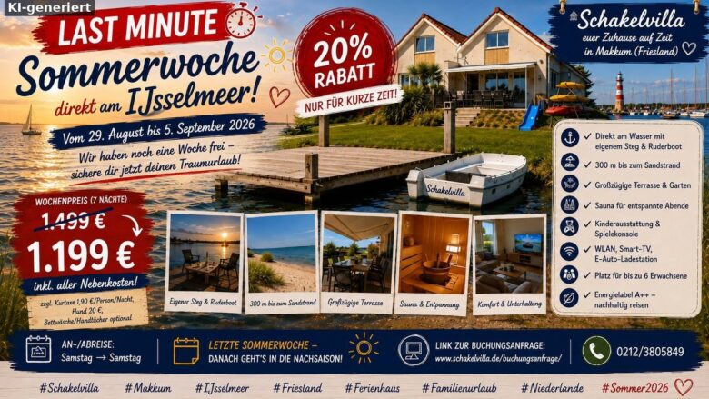 Ferienhaus Schakelvilla in Makkum – Super Last Minute vom 29.08. bis 05.09.2026