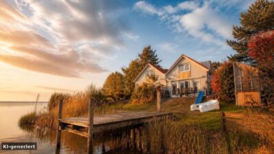 Schakelvilla in Makkum im Herbst am IJsselmeer – Ferienhaus direkt am Wasser mit Steg und Ruderboot