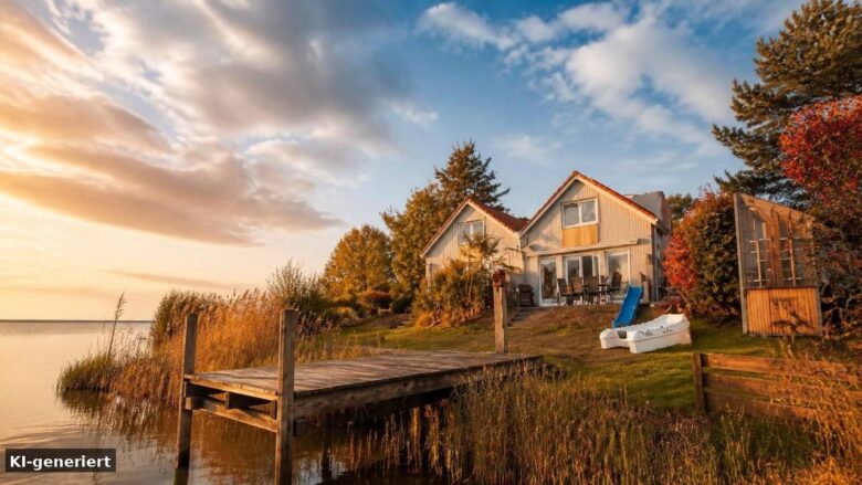 Schakelvilla in Makkum im Herbst am IJsselmeer – Ferienhaus direkt am Wasser mit Steg und Ruderboot