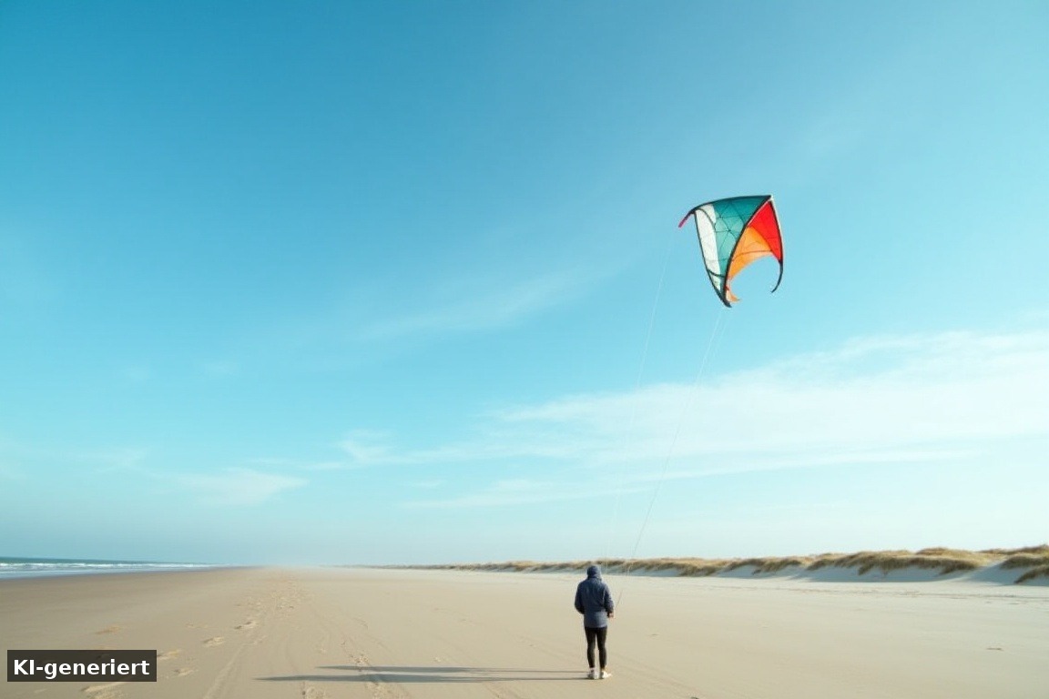 Lenkdrachen über dem Strand am IJsselmeer bei Makkum, Wind und Dünen – KI-generierte Darstellung