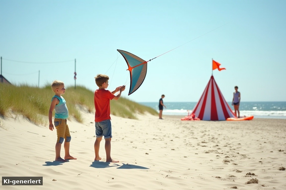 Kinder starten eine Lenkmatte am Strand, Kiteschule im Hintergrund – KI-generierte Darstellung