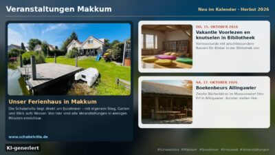 Veranstaltungen Makkum – Vakantie Voorlezen en knutselen in Bibliotheek Makkum, Boekenbeurs Allingawier (KI-generiert)