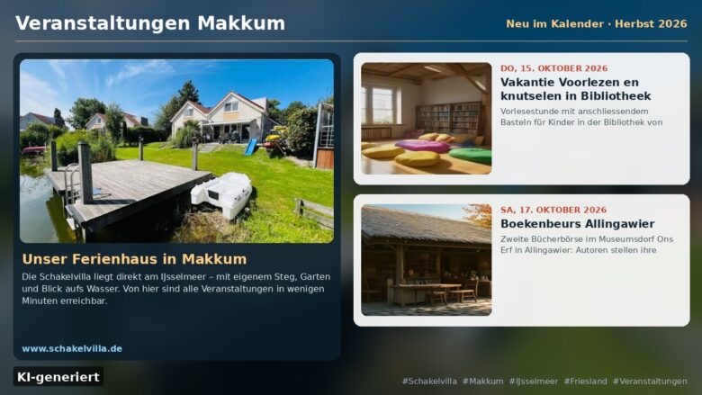 Veranstaltungen Makkum – Vakantie Voorlezen en knutselen in Bibliotheek Makkum, Boekenbeurs Allingawier (KI-generiert)