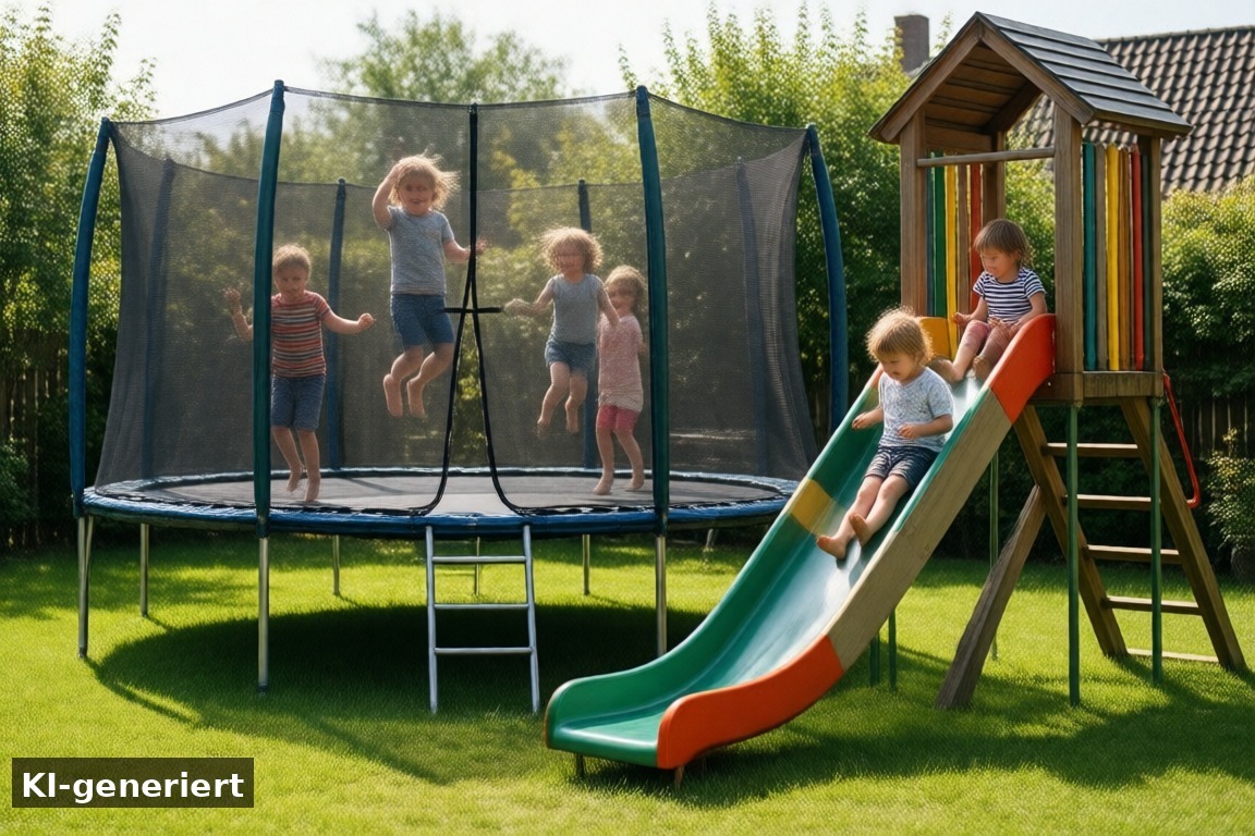 Spielgeräte Ferienhaus Makkum – Spaß für die ganze Familie – Spielgeräte für Kinder im Ferienhaus Makkum – Trampolin, Rutsche und mehr (KI-generierte Darstellung)