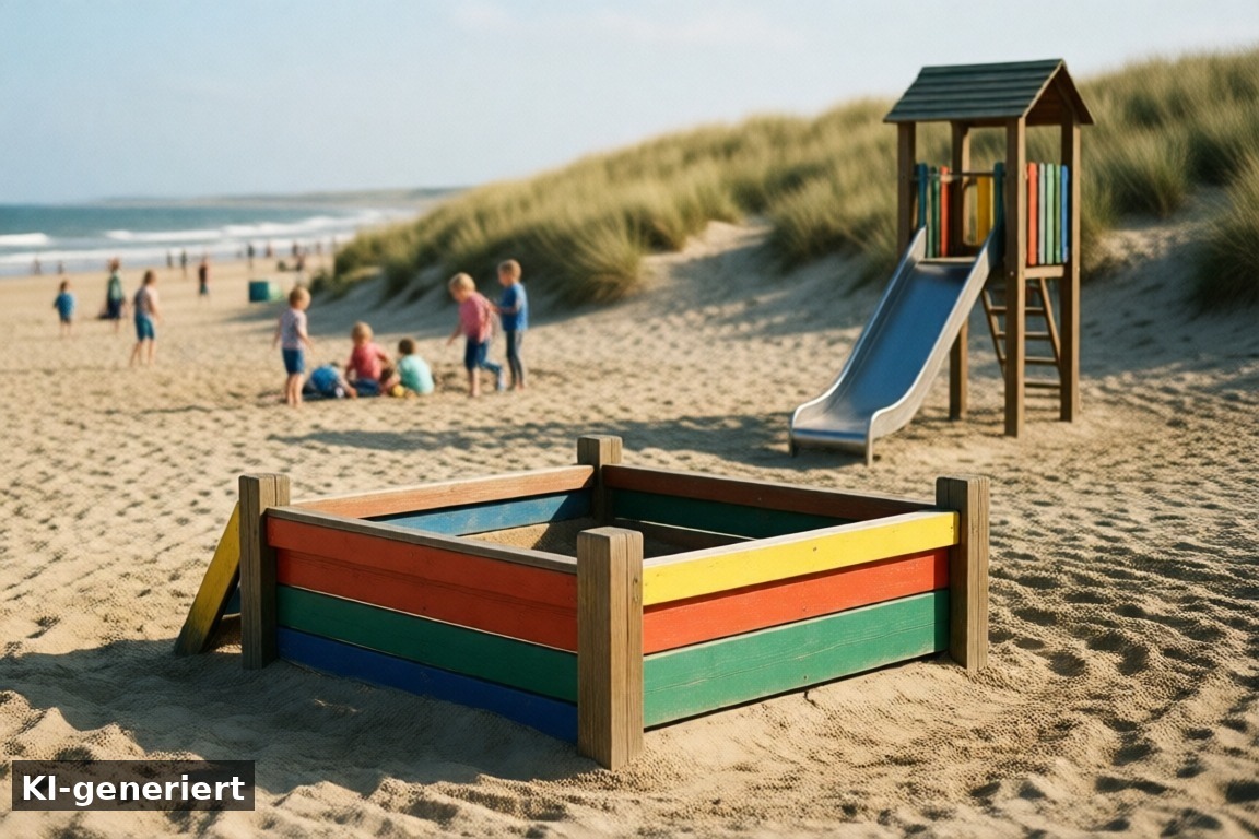 Spielplatz und Strand in der Nähe – Spielgeräte für Kinder im Ferienhaus Makkum – Trampolin, Rutsche und mehr (KI-generierte Darstellung)