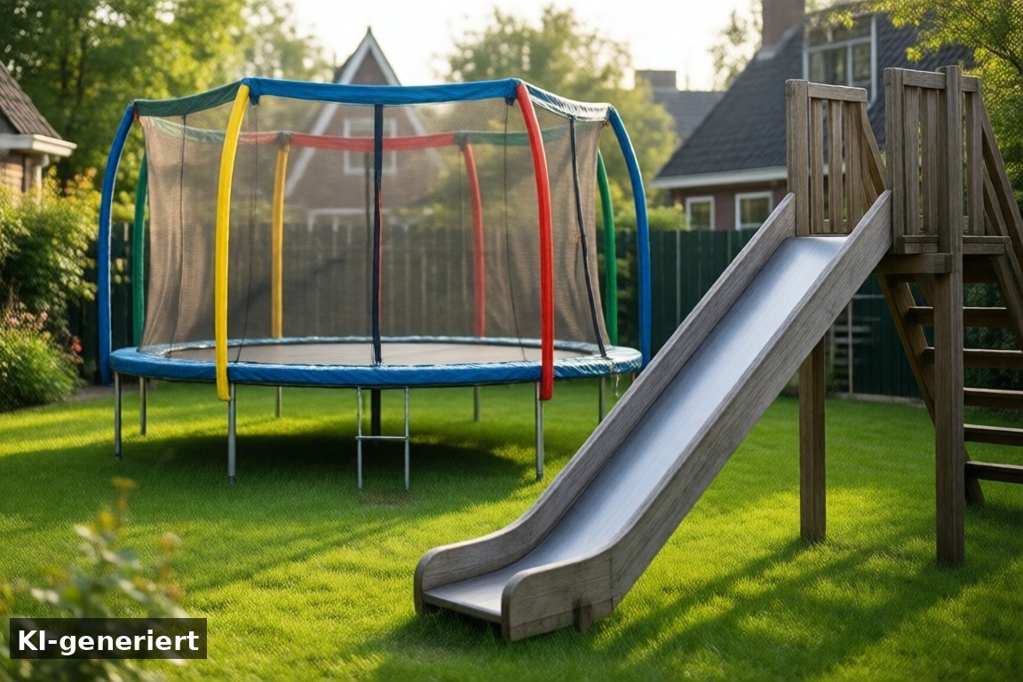 Kinderausstattung im Ferienhaus – Spielgeräte für Kinder im Ferienhaus Makkum – Trampolin, Rutsche und mehr (KI-generierte Darstellung)