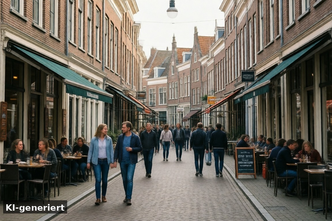 Shopping, Essen und Trinken in der Innenstadt – Leeuwarden Ausflug Friesland – Kulturhauptstadt entdecken (KI-generierte Darstellung)
