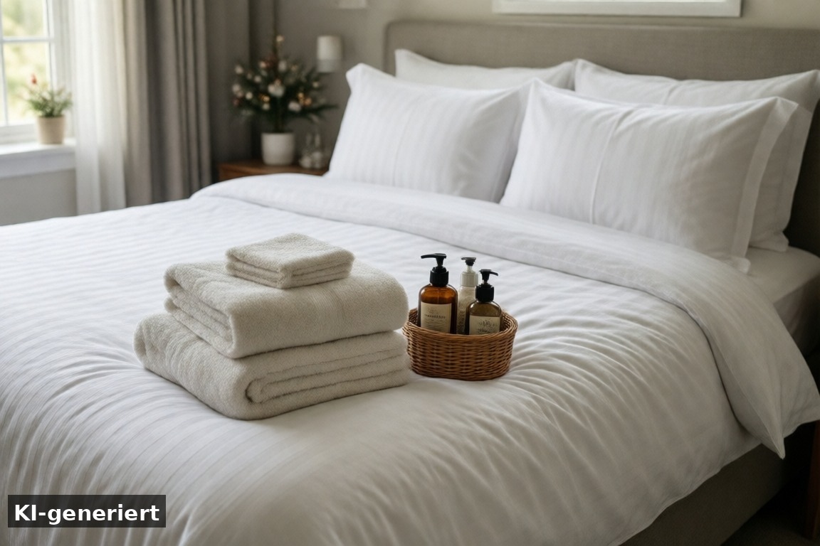 Handtuchpaket – Perfekte Ergänzung – Koffer rein und wohlfühlen – Bezogene Betten im Ferienhaus Makkum (KI-generierte Darstellung)