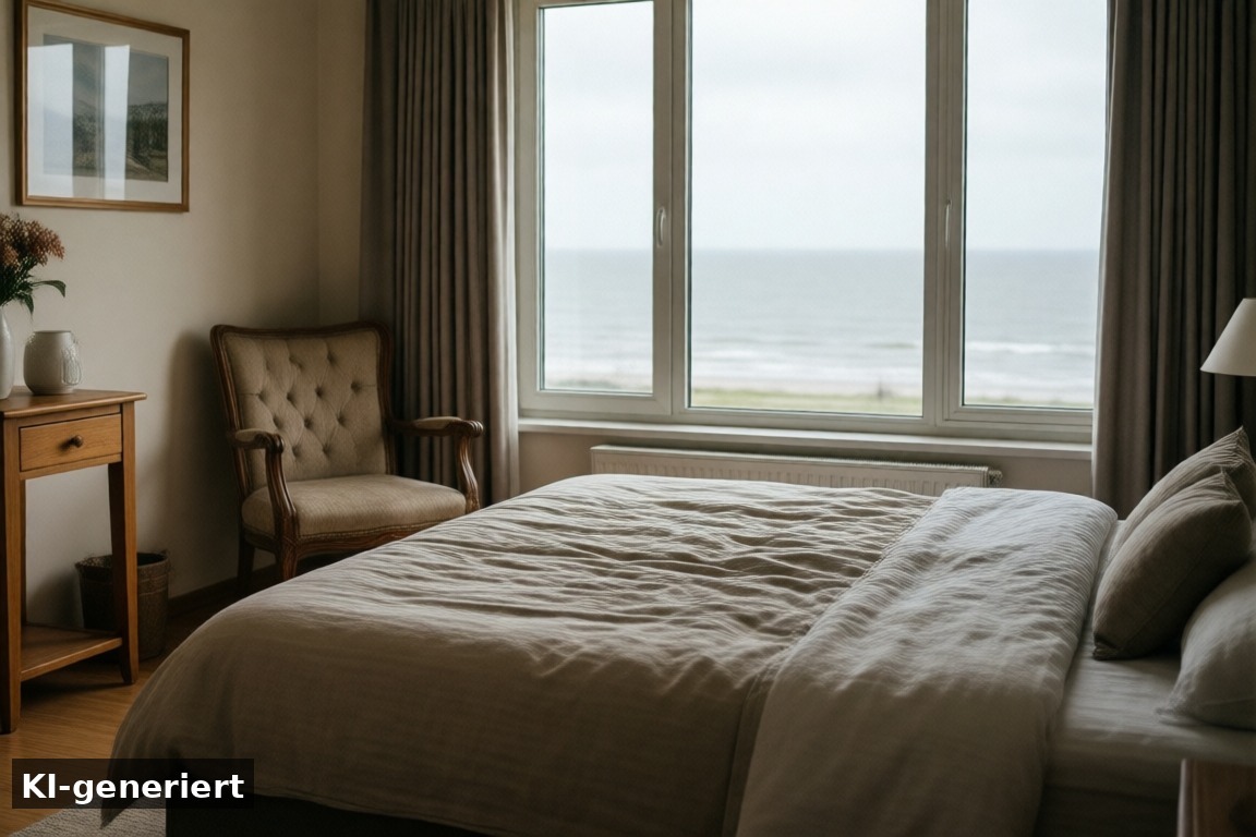 Der Vorteil: – Schlafzimmer zur Wasserseite im Ferienhaus Makkum – Blick aufs IJsselmeer (KI-generierte Darstellung)