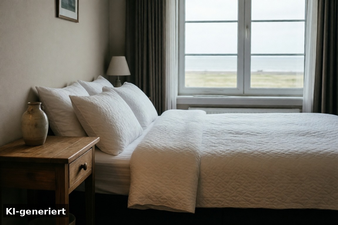 Ausstattung im Schlafzimmer zur Wasserseite – Schlafzimmer zur Wasserseite im Ferienhaus Makkum – Blick aufs IJsselmeer (KI-generierte Darstellung)