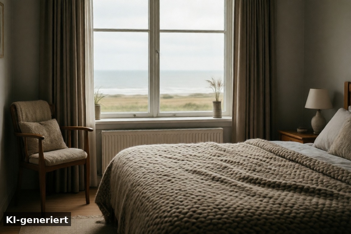 Tipps für euren Aufenthalt – Schlafzimmer zur Wasserseite im Ferienhaus Makkum – Blick aufs IJsselmeer (KI-generierte Darstellung)