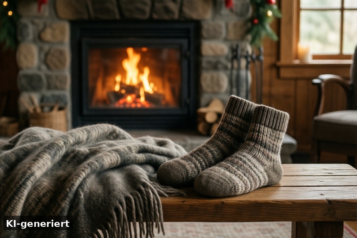 Warme Füße – gutes Gefühl für die ganze Familie – Kamin im Ferienhaus (KI-generierte Darstellung)