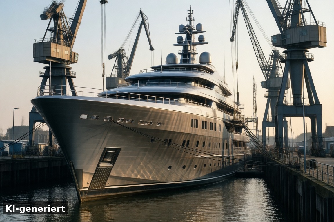 Superyachten und die Feadship-Werft – Buitenhaven Makkum – Superyachten, Werft und legendäre Fischbude (KI-generierte Darstellung)
