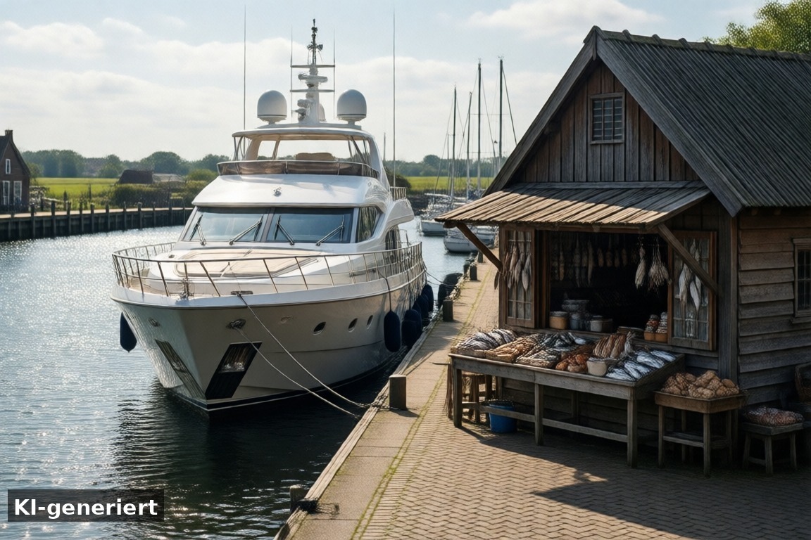 Der Buitenhaven im Jahresverlauf – Buitenhaven Makkum – Superyachten, Werft und legendäre Fischbude (KI-generierte Darstellung)