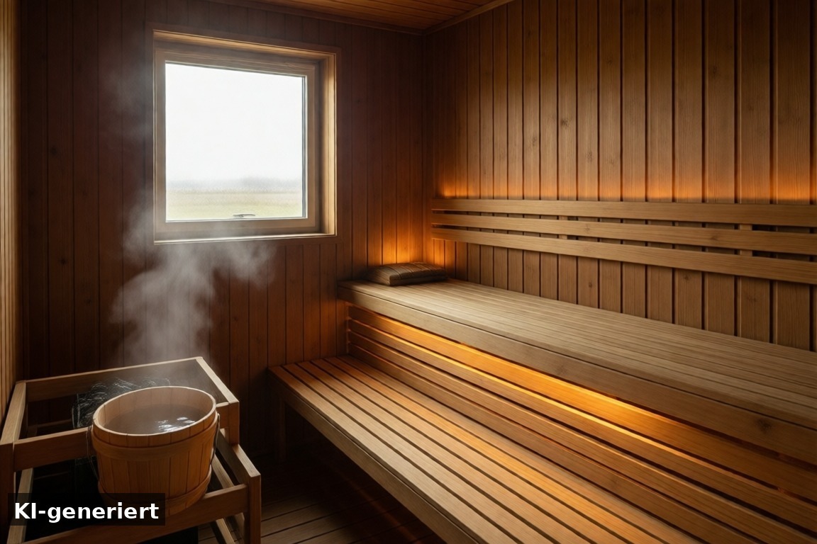 Sauna im Ferienhaus: Entspannung pur nach einem Tag am IJsselmeer – Ferienhaus mit Sauna und Ruderboot – Schakelvilla in Makkum am IJsselmeer (Niederlande) (KI-generierte Darstellung)