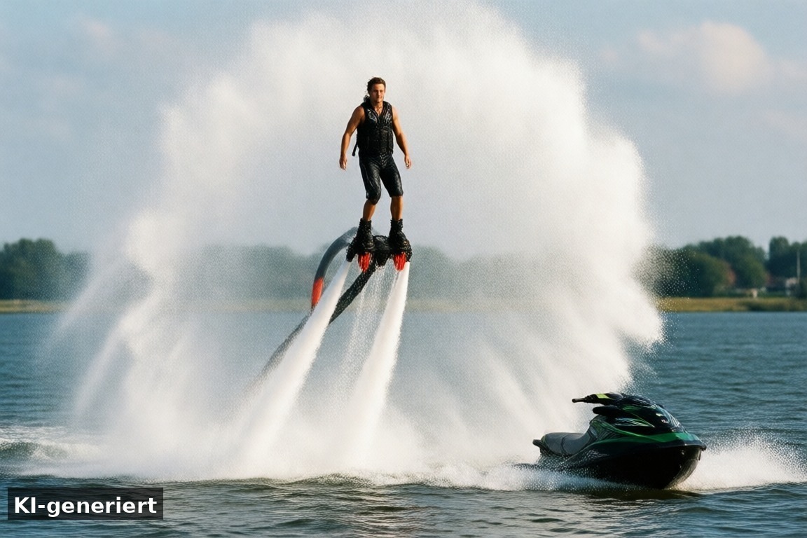 Flyboard am IJsselmeer: Fliegen über dem Wasser – Flyboard und Water Bikes in Makkum – Trendsport am IJsselmeer (KI-generierte Darstellung)