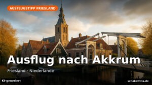 Ausflug nach Akkrum: historischer Kirchturm, Gracht und friesische Giebelhaeuser (KI-generierte Darstellung)