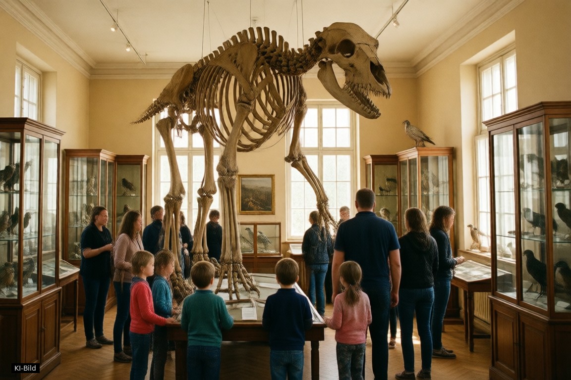 Kinder betrachten ein Skelett in der Ausstellung des Naturkundemuseums in Leeuwarden (KI-Bild)