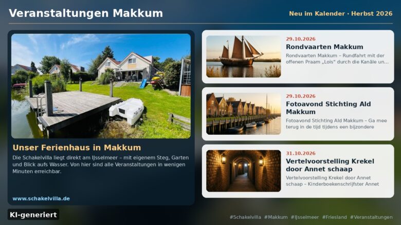 Veranstaltungen Makkum – Rondvaarten Makkum, Fotoavond Stichting Ald Makkum, Vertelvoorstelling Krekel door (KI-generiert)