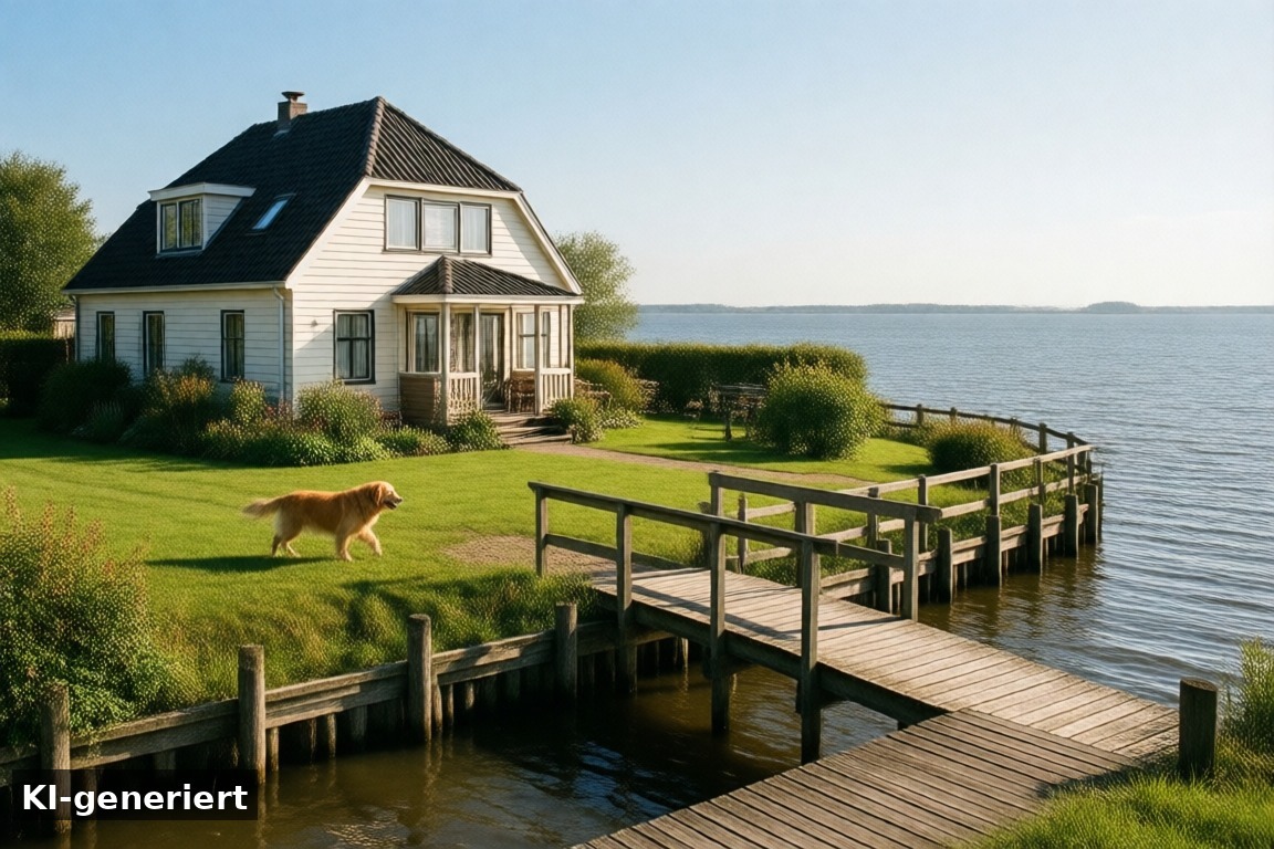 Ferienhaus am IJsselmeer bei Makkum mit Garten und Steg, ein Hund läuft über die Wiese (KI-generierte Darstellung)