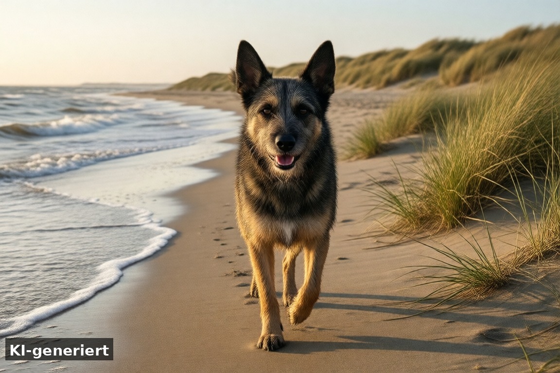 Hund am flachen Sandstrand am IJsselmeer bei Makkum im Abendlicht (KI-generierte Darstellung)