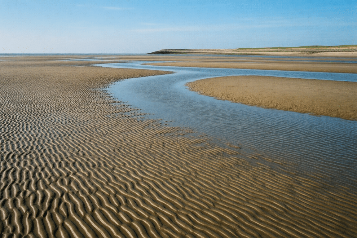 Wattwanderung in Friesland: Wattboden bei Ebbe vor der Nordseeküste (KI-generierte Darstellung)
